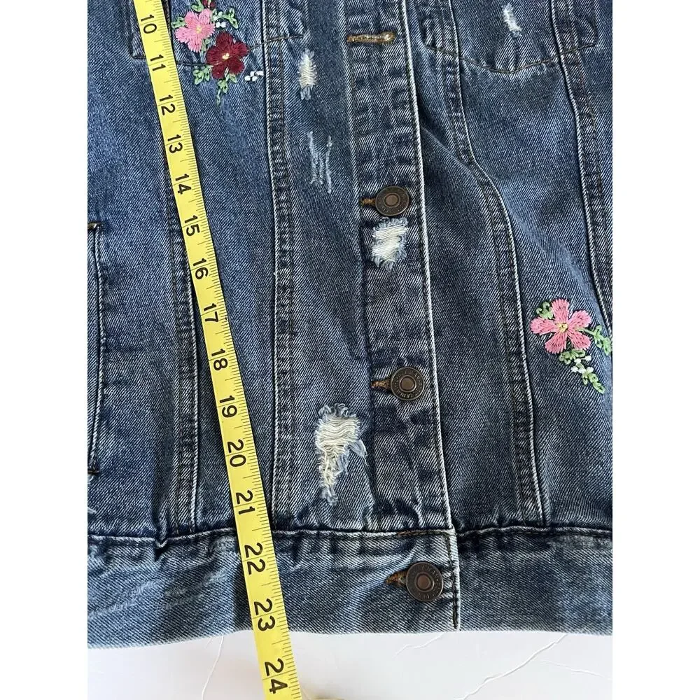 Wax Jean Floral Embroidered Distressed Denim Jacket Cowgirl Western Prairie Sz S - Picture 12 of 12